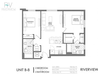 2 Bed - 2 Bath |950 sq ft floorplan