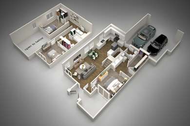 A 3D floor plan of a house with a kitchen, living room, bedrooms, and a garage.
