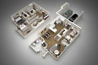 A 3D floor plan of a two-bedroom apartment.