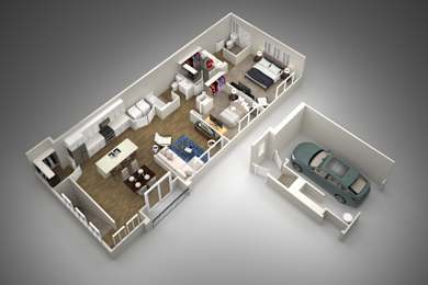 A 3D rendered image of a two-bedroom apartment with a car.