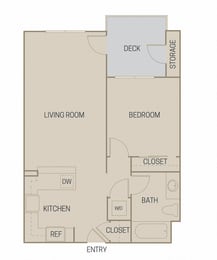 Floor Plan  1 bed 1 Bath 712 square feet floor plan A1B