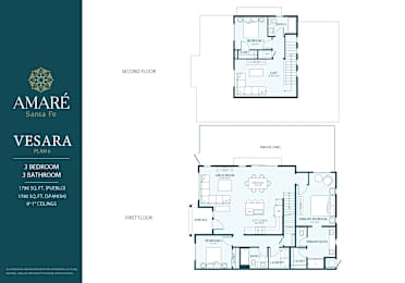 A floor plan for the Amare Santa Fe Vesara shows a first and second floor layout with labeled rooms.