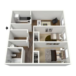 A 3D floor plan of a house showing the layout of the rooms.