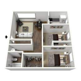 A 3D floor plan of a house showing a living room, kitchen, and bedrooms.