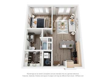 A 3D floor plan of a small apartment with a kitchen, living room, and bathroom.