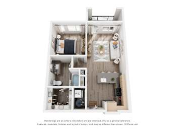 A 3D floor plan of a small apartment with a kitchen, living room, and bathroom.