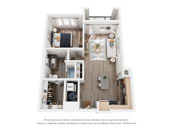 A 3D floor plan of a small apartment with a kitchen, living room, and bathroom.