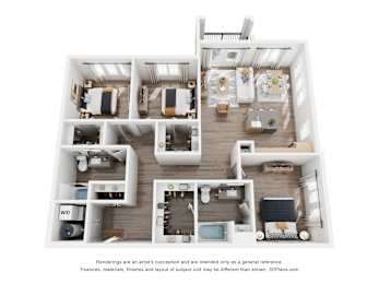 A 3D floor plan of a house with labeled rooms.