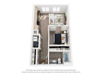 A 3D floor plan of a small apartment with a kitchen, living room, and bathroom.