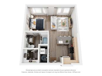 A 3D floor plan of a small apartment with a kitchen, living room, and bathroom.