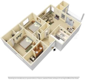 2 Bed - 1 Bath, 834 sq ft floor plan