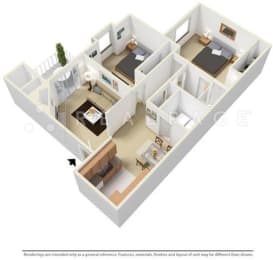 2 Bed - 1 Bath, 896 sq ft floor plan