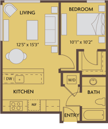 1 bed 1 bath 614 square feet floor plan