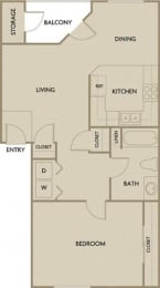 1 Bed 1 Bath 747 square feet floor plan A1A