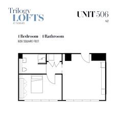 A floor plan for a 600 square foot unit with one bedroom and one bathroom.