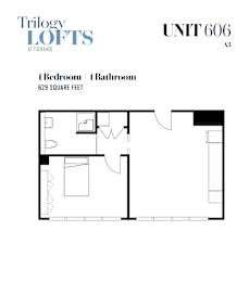 A floor plan for a 629 square foot apartment with one bedroom and one bathroom.