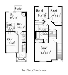 a floor plan of a small house with two stories and a porch