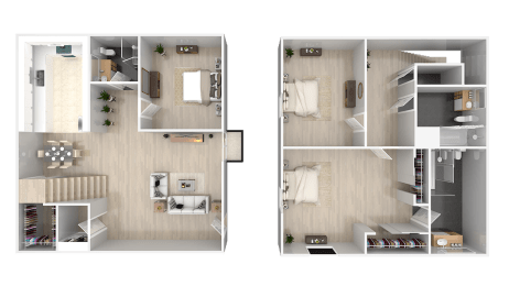 two layouts of a room with a bedroom and a bathroom