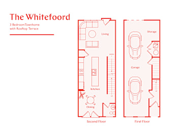 A diagram of a 3 Bedroom Townhome with Rooftop Terrace showing the layout of the rooms.