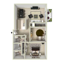 A 3D floor plan of a small apartment with a living room, kitchen, and bedroom.