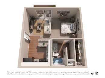 a stylized floor plan with a bedroom and a bathroom