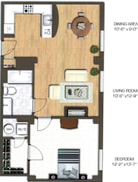 A floor plan of a small apartment with a living room, dining area, and bedroom.