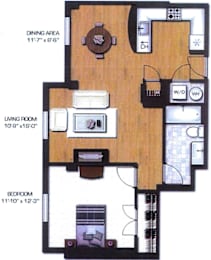 A floor plan of a house showing a dining area, living room, and bedroom.