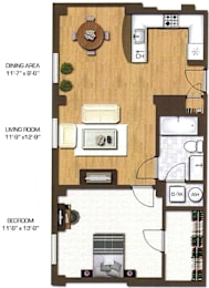 A floor plan of a small apartment with a living room, dining area, and bedroom.