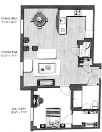 A black and white image of a floor plan for a home with a dining area, living room, and bedroom.