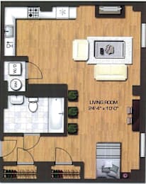 A living room floor plan with a sofa, coffee table, and kitchen area.