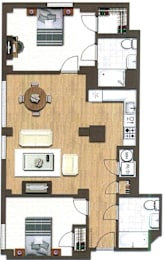 A floor plan of a house with a kitchen, living room, and two bedrooms.