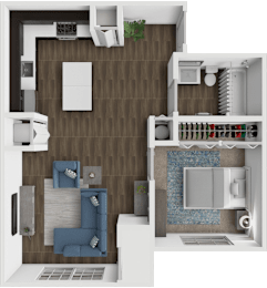 A 3D floor plan of a house showing a kitchen, living room, and bathroom.