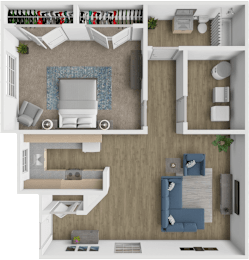 A 3D floor plan of a house showing a living room, kitchen, and two bedrooms.