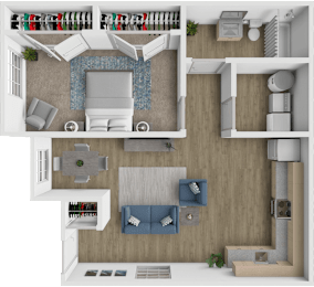 A 3D floor plan of a modern apartment with a living room, kitchen, and bedroom.