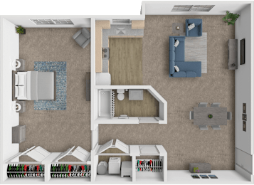 A 3D rendered image of a modern kitchen and living room.