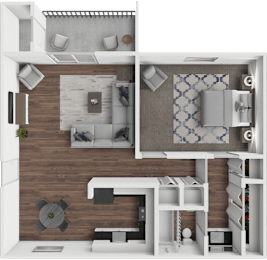 A 3D rendered image of a modern apartment layout.