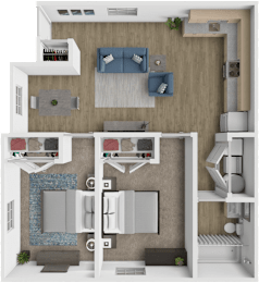 A 3D floor plan of a small apartment with a living room, kitchen, and bedroom.