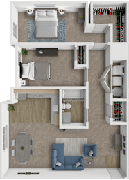 A top-down view of a small apartment with a bedroom, living room, and kitchen.
