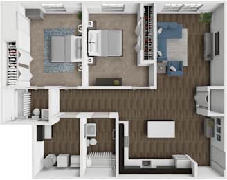 A top-down view of a modern apartment layout with a kitchen, living room, and bedrooms.