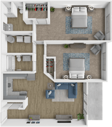 A 3D floor plan of a house with a living room, kitchen, and two bedrooms.