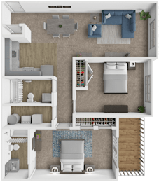 A 3D floor plan of a small apartment with a kitchen, living room, and bedroom.