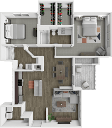 A 3D floor plan of a house with multiple rooms and furniture.