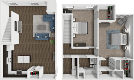 A 3D floor plan of a house showing a living room, kitchen, and bathroom.