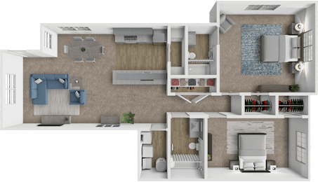 A 3D floor plan of a house showing a kitchen, living room, and bedrooms.