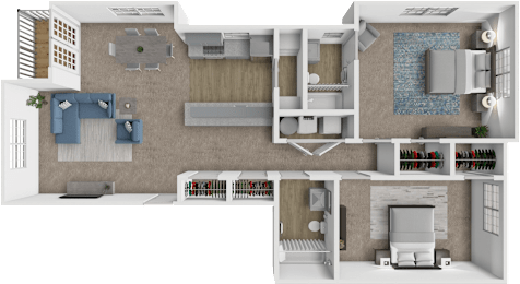 A 3D floor plan of a house showing a living room, kitchen, and bedrooms.