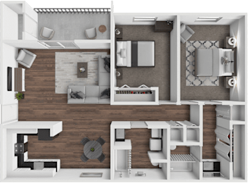 A 3D floor plan of a modern apartment with a kitchen, living room, and bathroom.