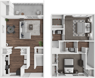 A split image of a modern apartment with a living room and kitchen on the left and a bedroom and bathroom on the right.