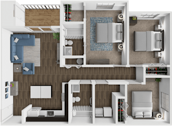 A 3D floor plan of a house with labeled rooms.