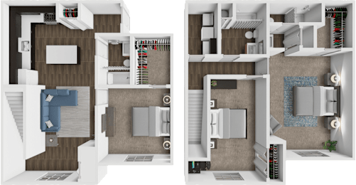 A split image of a room with a desk and a bed.