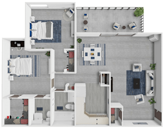 A top-down view of a modern apartment layout with a kitchen, living room, and bedrooms.